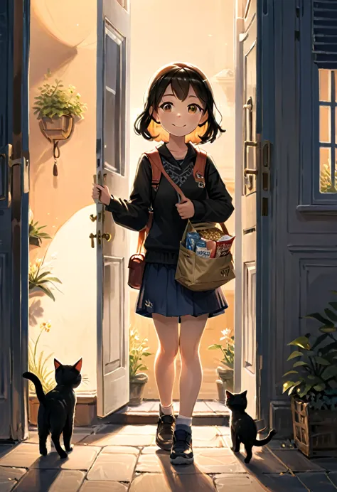 as the sun sets, the girl carries her backpack and carries the newly bought cat food in her hand. a little cat happily welcomes ...