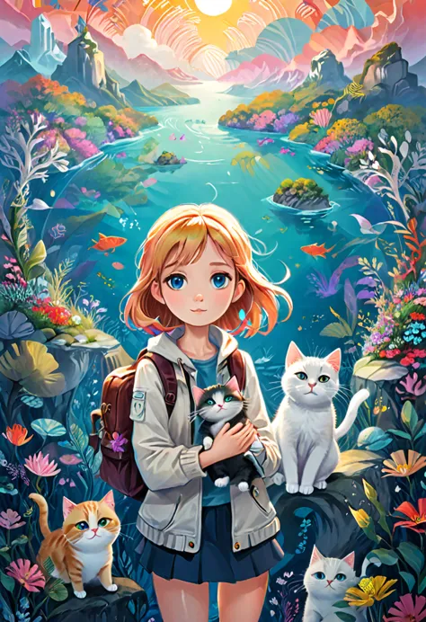 The girl and her cat companions embark on a colorful and dreamy world of travel adventure, (masterpiece, best quality, Professio...