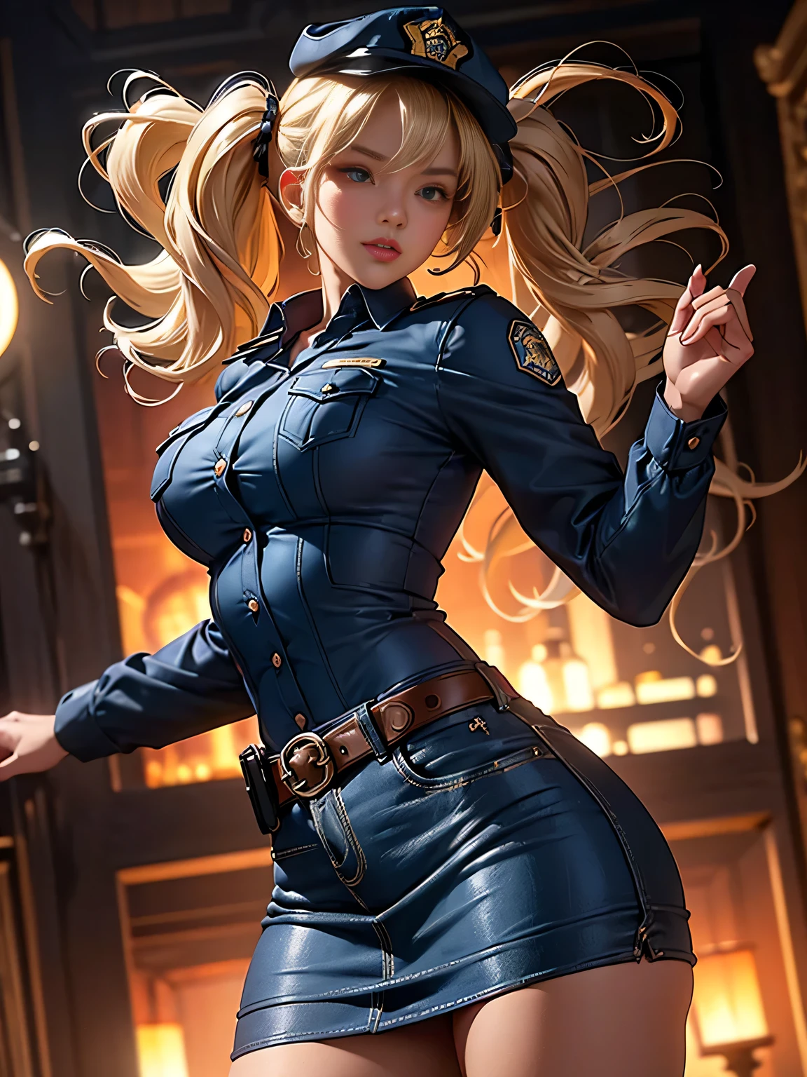 masterpiece, best quality, hyper detailed, good anatomy, perfect anatomy,(cowboy shot,looking at viewer,low angle,:1.35),plump body,dark skin girl,naughty eyes,curly_twin tails blonde hair, female police officer's blue uniform,police_cap,mini skirt,large breasts,road,shiny skin,smirk,skin tight,black high heels, very aesthetic, 