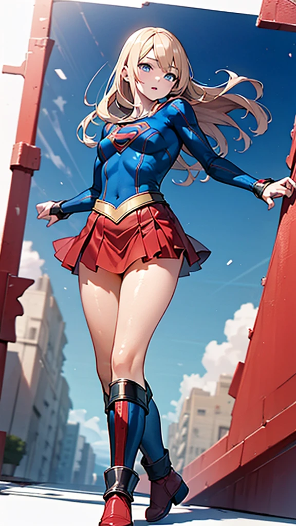 (full body), (masterpiece:1.2), (Highest_quality:1.2), (Ultra_detailed:1.3), 8k,Low - Angle，From below，Big Butt Girl, Medium chest, Pose in front,upright，Bare legs，Red Boots，3D Rendering,( Supergirl)，Blonde，Long Hair，Blue eyes，Red Skirt，the skirt is short,，A blue leotard is visible under the skirt.，The skirt is blown up by the wind，Red Cape，Simple Background，White Background，