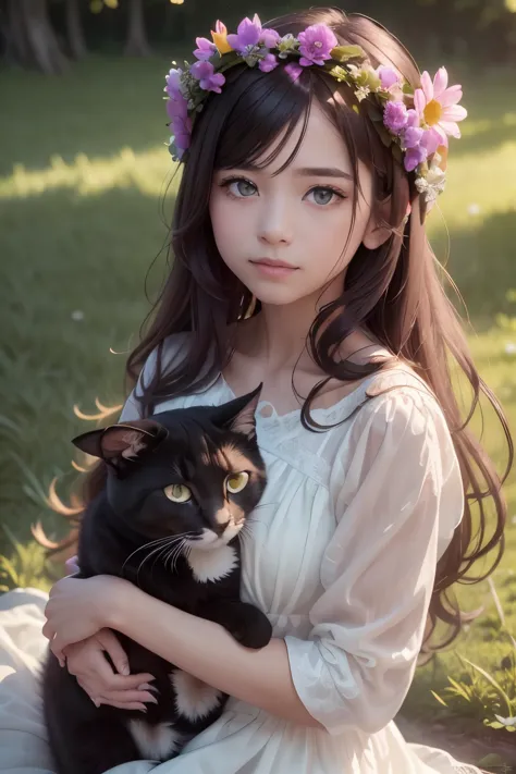 a beautiful young girl, holding a cute cat, detailed face and eyes, intricate flower crown, sunlit meadow, lush green grass, det...