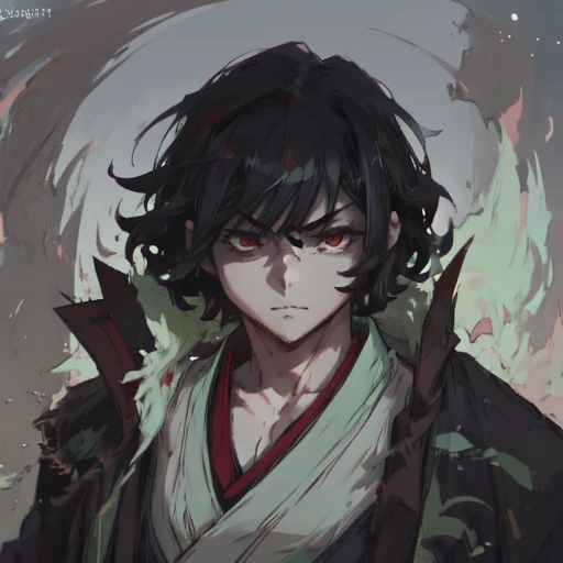 1 boy, personnage masculin basé sur demon slayer, illustrer dans un style artistique anime, he has slightly curly black hair and red eyes, habiller le personnage masculin avec un hanfu japonais traditionnel, Univers demon slayer, ultra detail, Animations 2D, 4k