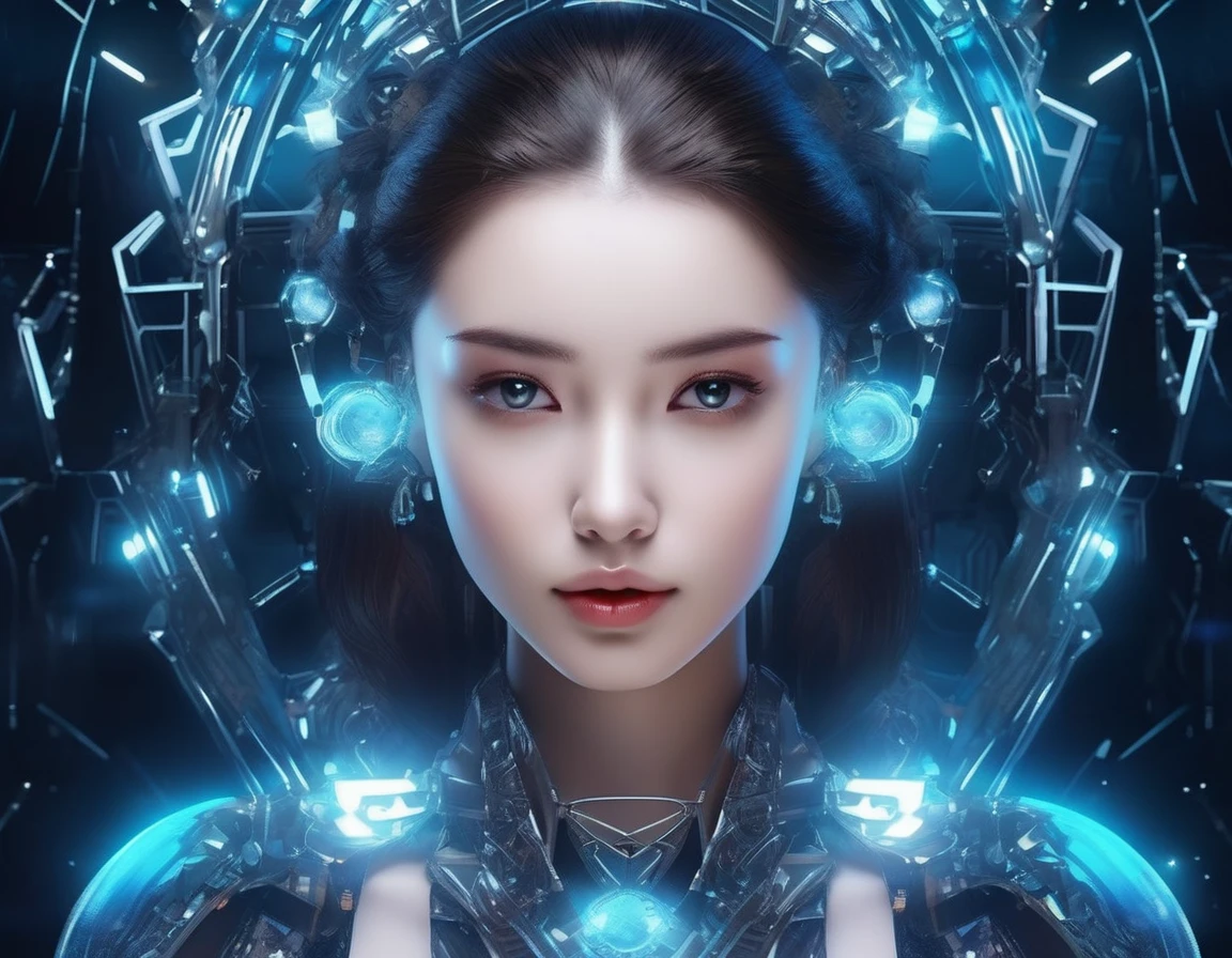 Translucent Ethereal Mechanical Girl，Futuristic girl，Mechanical joints，future starry sky background