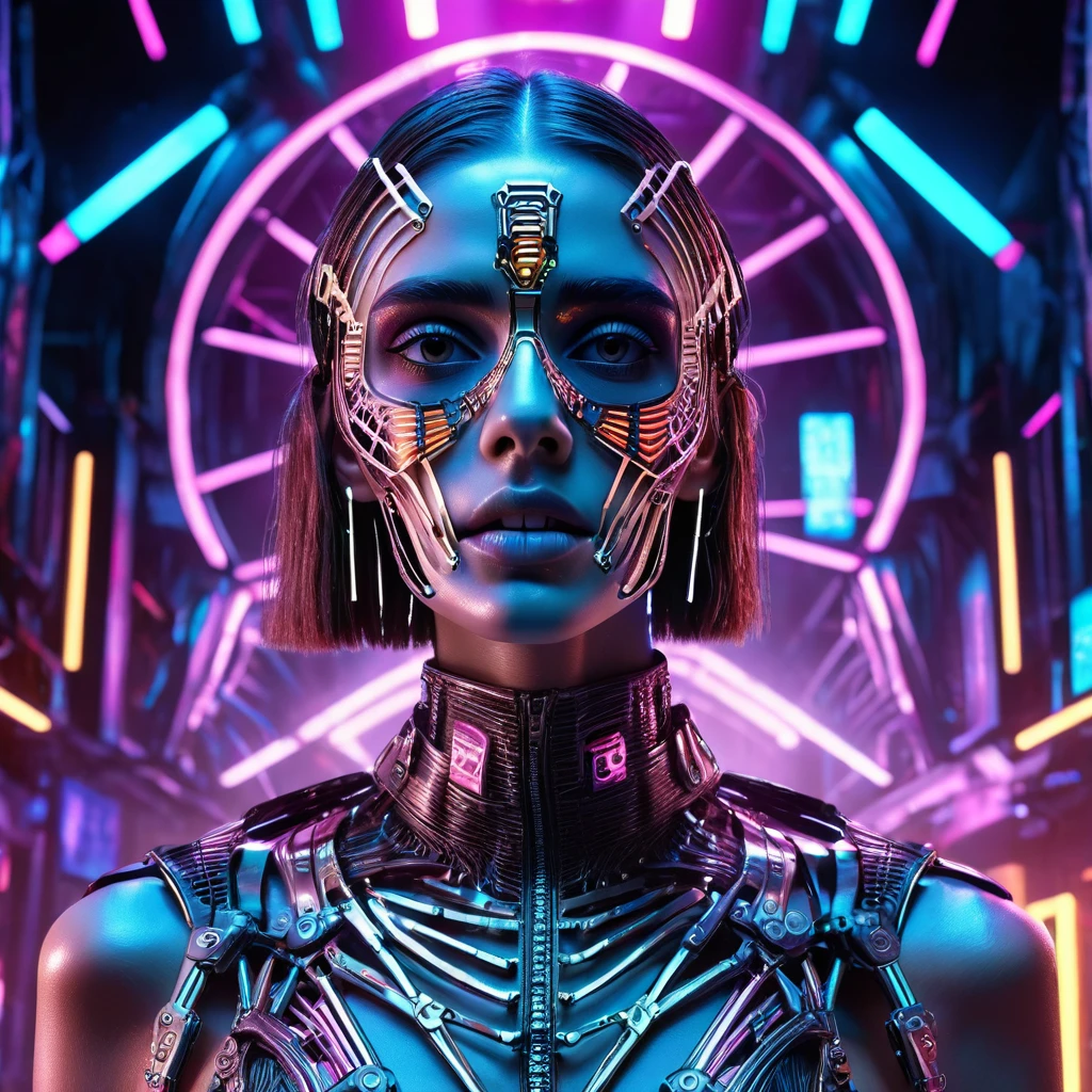 a woman wearing an exo-skeleton mask on a fashion runway, vibrant neon lighting, teenage model, intricate mechanical design, high-tech futuristic cyberpunk style, dynamic pose, dramatic lighting, colorful dystopian background, detailed metal textures, glossy wet look, hyper-realistic, 8k, photorealistic, cinematic, masterpiece