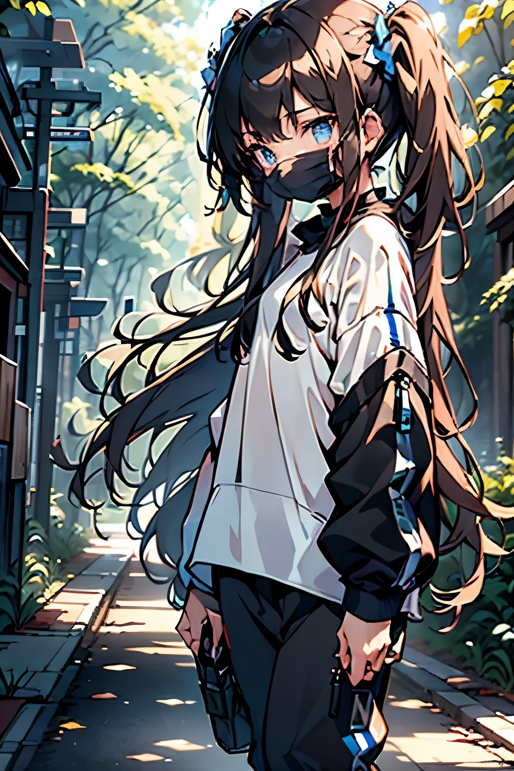 20y old walking throught the forest, sunshine, mountens long brown hair, twin tails, blue eyes, black mask, exided white t-shirt with flowers, black sweatpants with blue lines, on right hand has watch