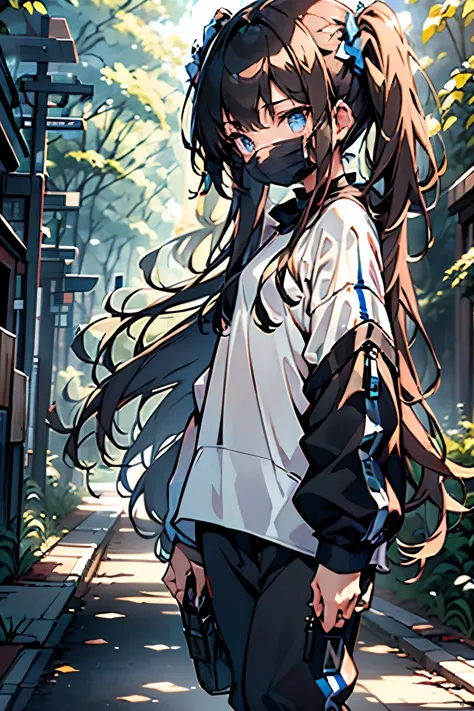 20y old walking throught the forest, sunshine, mountens long brown hair, twin tails, blue eyes, black mask, exided white t-shirt...