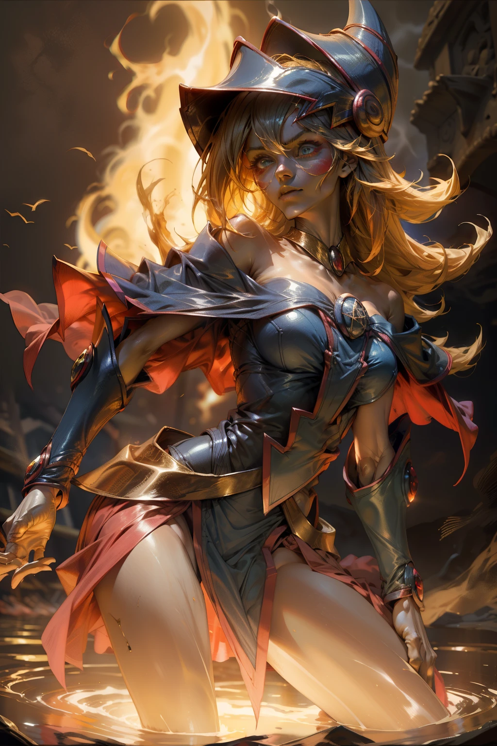 Giles dark wizards. blue eyes, Red lips, Long blonde hair.  pose sensual. Fire Background. It's on fire 