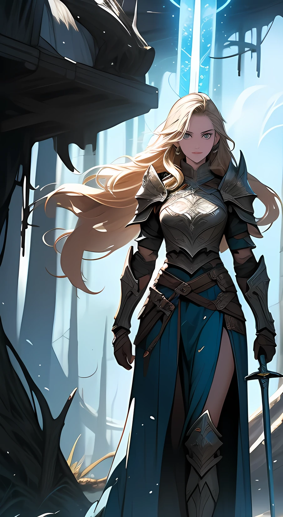 fantasy, epic, movie poster-style illustration, a girl standing in armor, with a dynamic and magical background, featuring prominent and well-designed typography elements,standing, confident, determined, wielding a sword, epic title, magical forest, glowing runes, bold text
