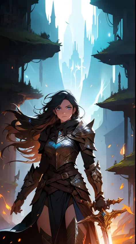 fantasy, epic, movie poster-style illustration, a girl standing in armor, with a dynamic and magical background, featuring promi...