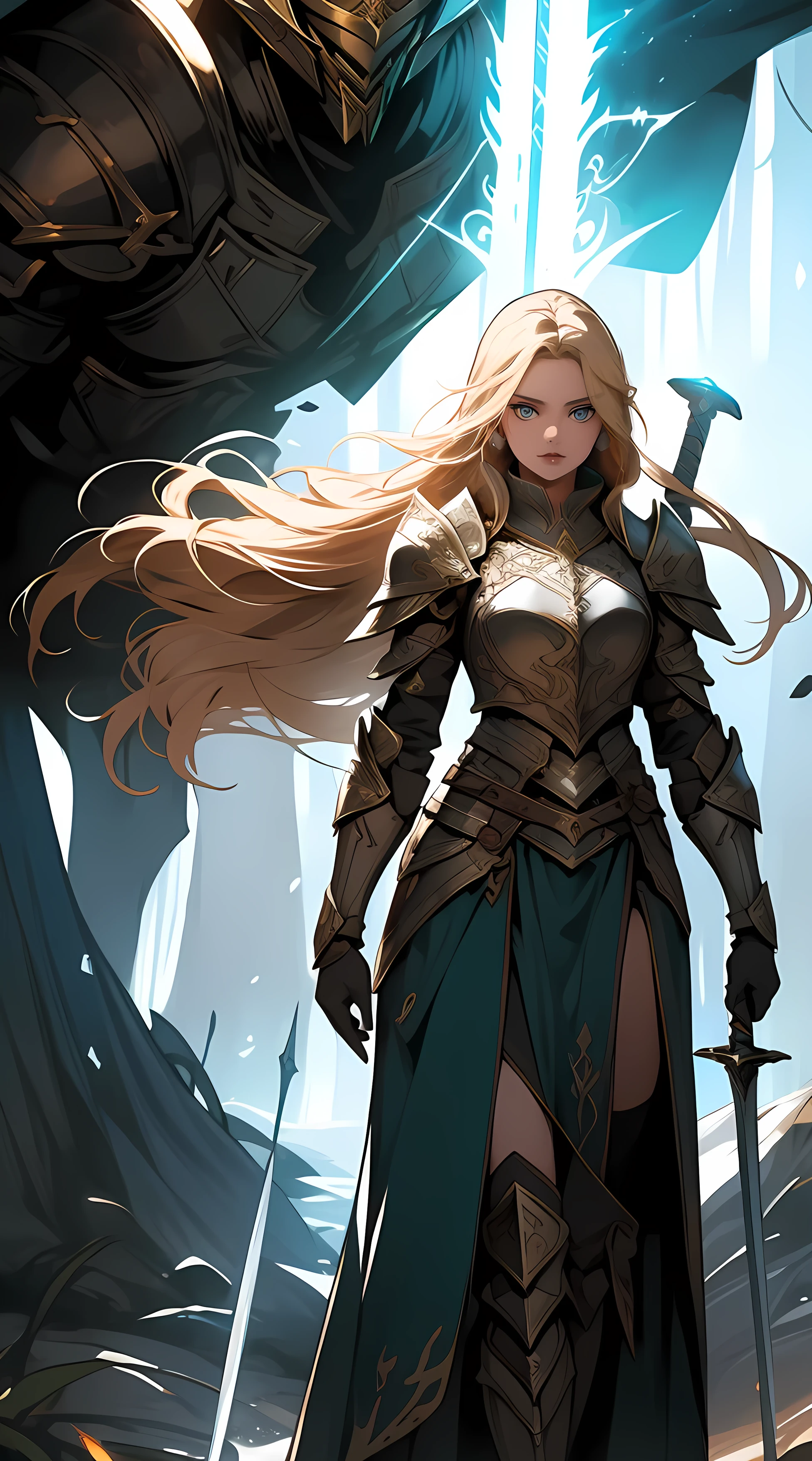 fantasy, epic, movie poster-style illustration, a girl standing in armor, with a dynamic and magical background, featuring prominent and well-designed typography elements,standing, confident, determined, wielding a sword, epic title, magical forest, glowing runes, bold text
