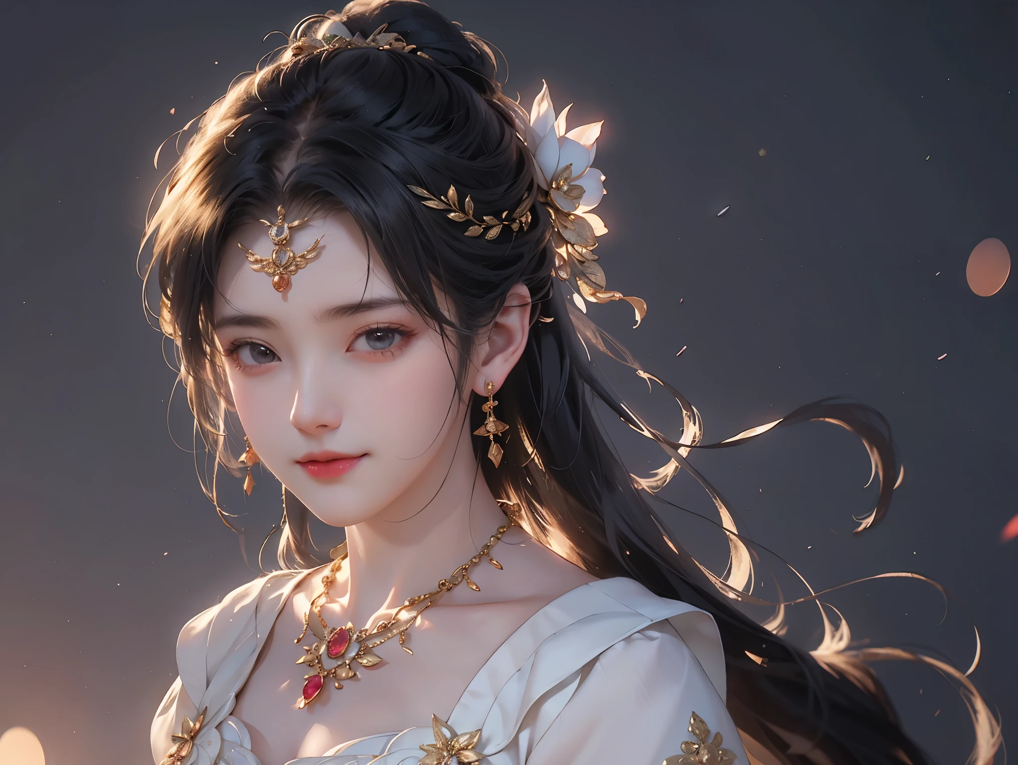 (Best quality:1.2,Masterpiece:1.2,A high resolution,1 girl,Chinese dress,Delicate hair accessories,Floral decoration,Stunning necklace,Exquisite jewelry,Gentle complexion,Detailed body,Bokeh effect,Realistic Shading,Studio lighting,twotonelighting,High-resolution skin texture:1.2,8K Ultra HD,digital camera,Soft lighting,professional render,voluminetric lighting,Sincere expression,sportrait,high resolution,4K,Blurred background)