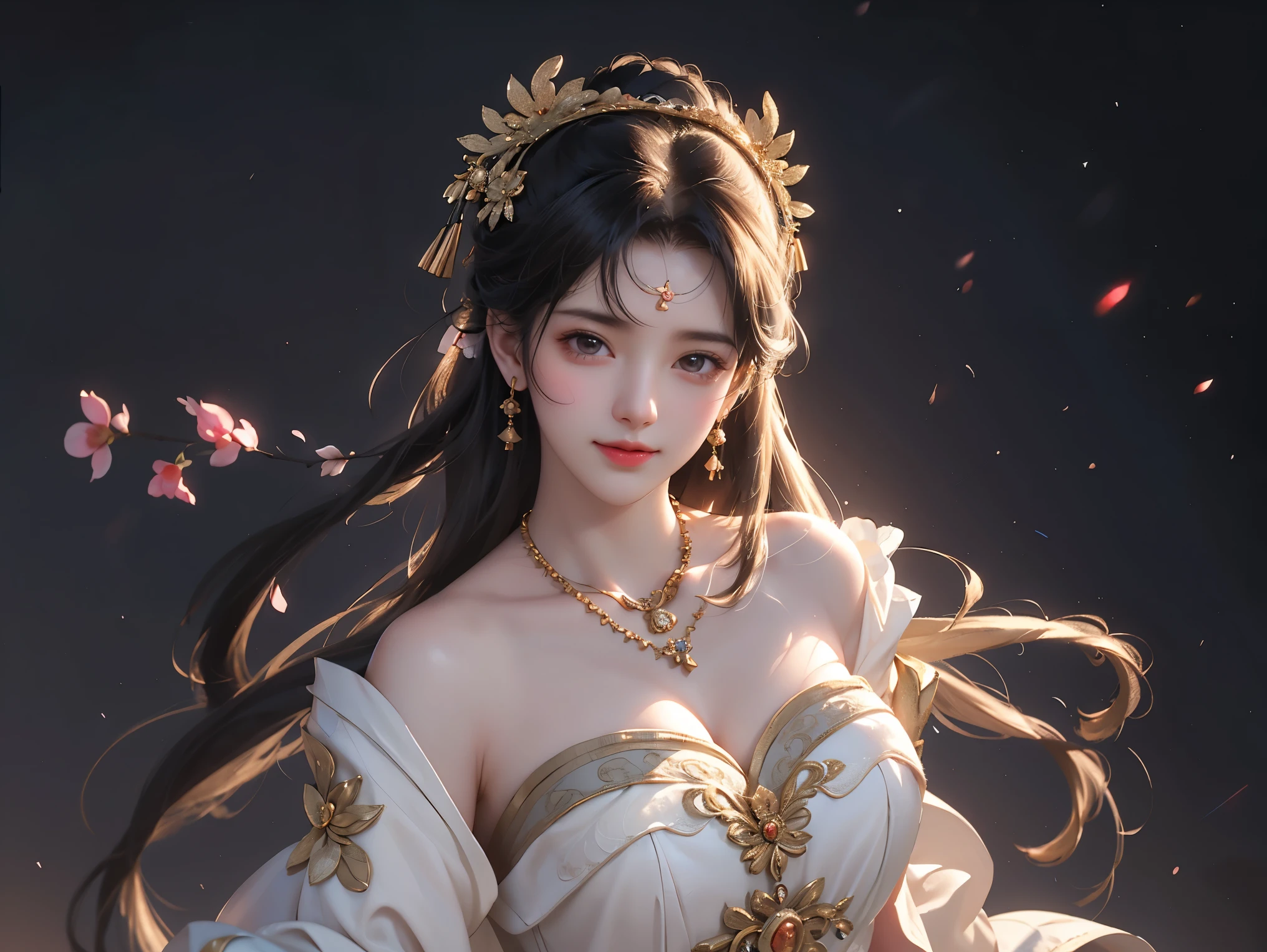 (Best quality:1.2,Masterpiece:1.2,A high resolution,1 girl,Chinese dress,Delicate hair accessories,Floral decoration,Stunning necklace,Exquisite jewelry,Gentle complexion,Detailed body,Bokeh effect,Realistic Shading,Studio lighting,twotonelighting,High-resolution skin texture:1.2,8K Ultra HD,digital camera,Soft lighting,professional render,voluminetric lighting,Sincere expression,sportrait,high resolution,4K,Blurred background)