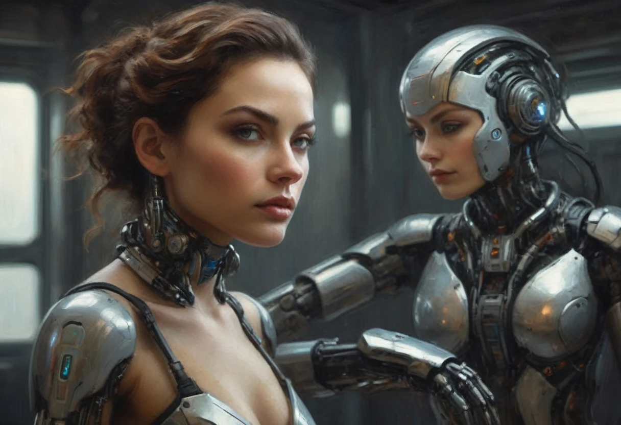 a highly detailed cyborg woman,robot companion (pleasure model),approaching her mistress,in bedroom,removes her sci-fi outfit,revealing soft and shapely form (about 50% human looking),cinematic lighting,hyper realistic,detailed futuristic android,intricate mechanical components,seamless integration of organic and cybernetic elements,flawless skin texture,dynamic pose,delicate facial features,luminescent eyes,glowing highlights,moody color palette,dramatic chiaroscuro lighting,cinematic atmosphere,masterpiece
