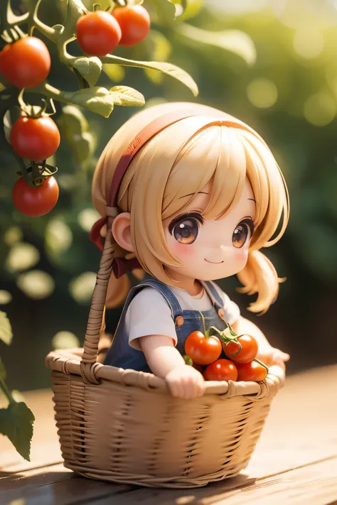 photorealistic、chibi girl（harvesting cherry tomatoes、a lot of cherry tomatoes in a basket、smile）