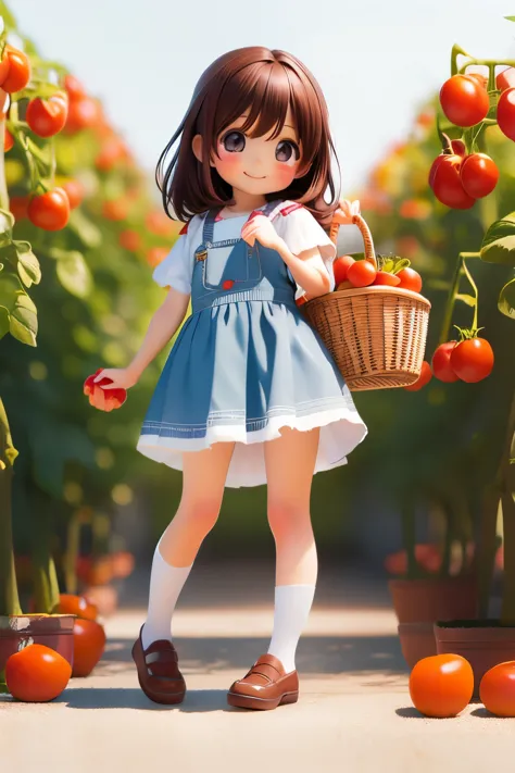 Photorealistic、Chibi Girl（Harvesting cherry tomatoes、A lot of cherry tomatoes in a basket、smile）