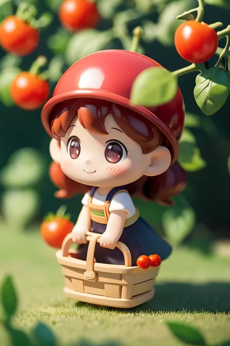 photorealistic、blind box、chibi girl（harvesting cherry tomatoes、a lot of cherry tomatoes in a basket、smile）