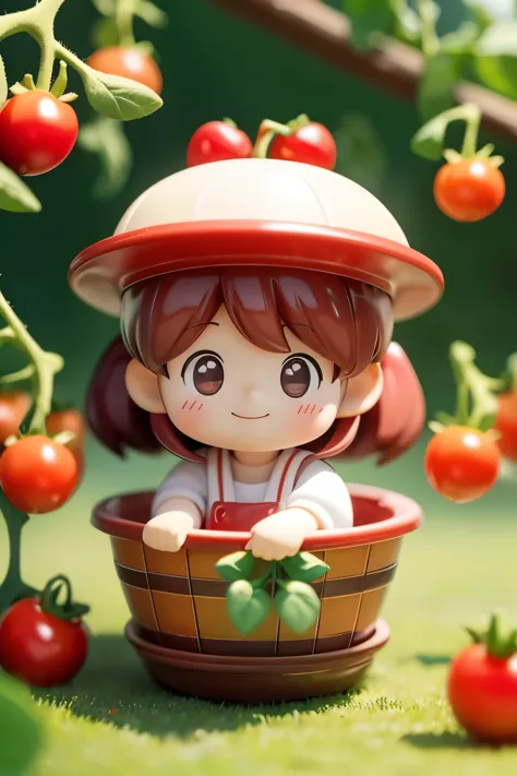 photorealistic、blind box、chibi girl（harvesting cherry tomatoes、a lot of cherry tomatoes in a basket、smile）