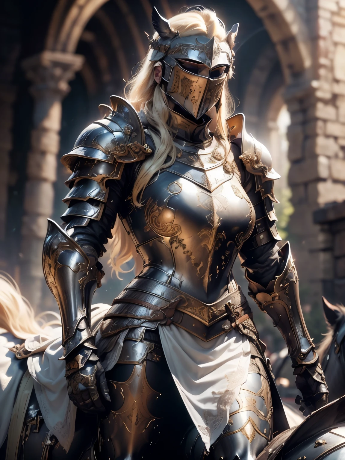 (Masterpiece, Superb Detail, Super Detailed, High Resolution), Male Focus, (((Female Armor))), (((Armor Dress Set))), (((Mask))), (She Has Long Blonde Hair, Medium Breasts, Slim, perfect body, beautiful face), look at viewer, (((white panty))), (((riding a horse))), City Ruins, Background Details, Solo