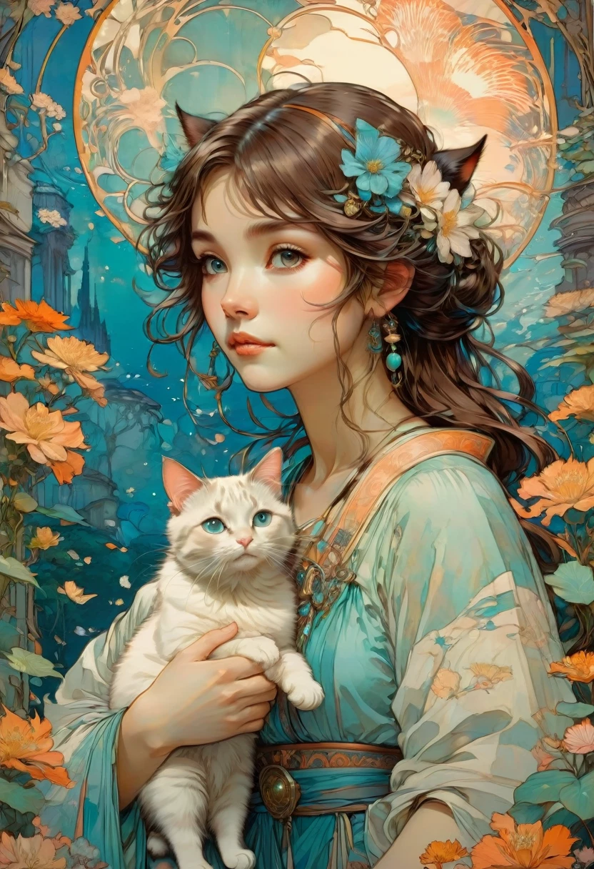 chica con gato, by Studio Ghibli and Alphonse Mucha, mejor calidad, Obra maestra, muy estetico, composición perfecta, detalles intrincados, ultra detallado