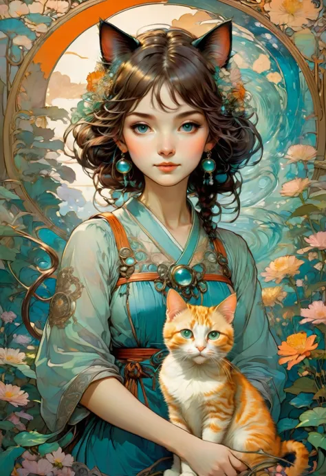 Girl with Cat, by Studio Ghibli and Alphonse Mucha, best quality, masterpiece, very aesthetic, perfect composition, intricate de...