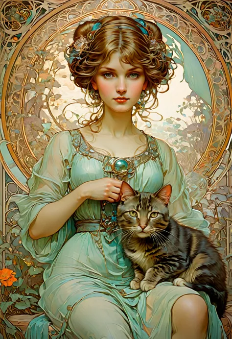 Girl with Cat, by Alphonse Mucha, best quality, masterpiece, very aesthetic, perfect composition, intricate details, ultra-detai...