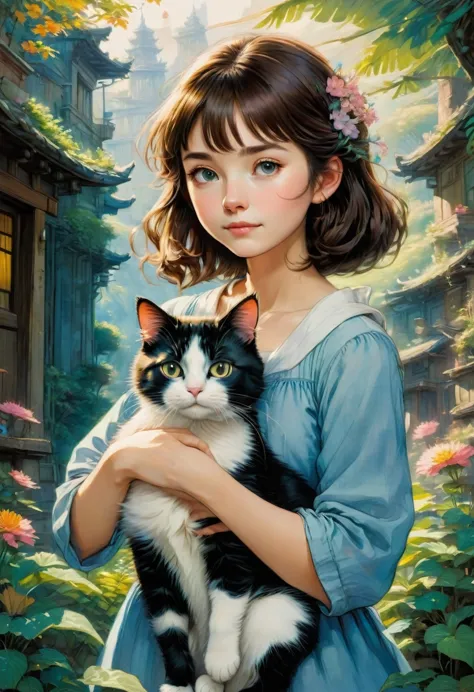 Girl with Cat, by Studio Ghibli, best quality, masterpiece, very aesthetic, perfect composition, intricate details, ultra-detail...