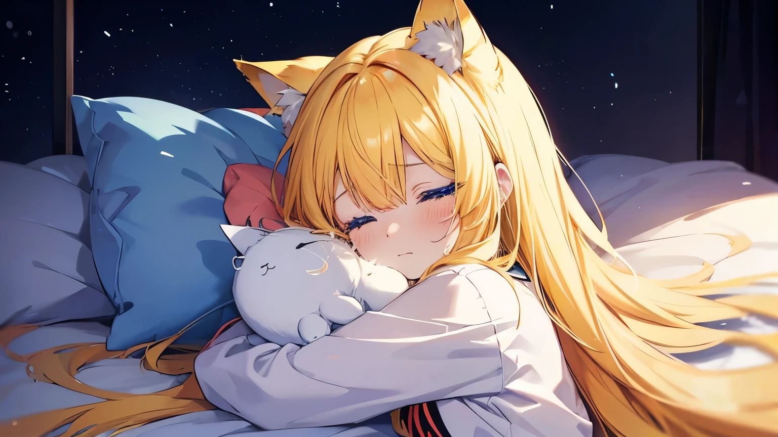 Anime girl with long blonde hair hugging a white cat on a bed - SeaArt AI