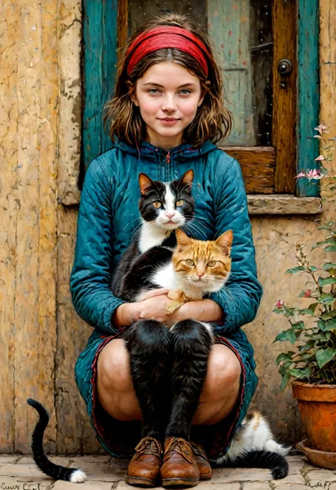 Girl with Cat, by Sam_Toft, best quality, masterpiece, very aesthetic, perfect composition, intricate details, ultra-detailed