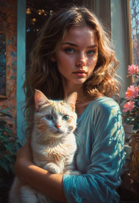 Girl with Cat, by Greg Manchess and Brandon Woelfel, best quality, masterpiece, very aesthetic, perfect composition, intricate d...