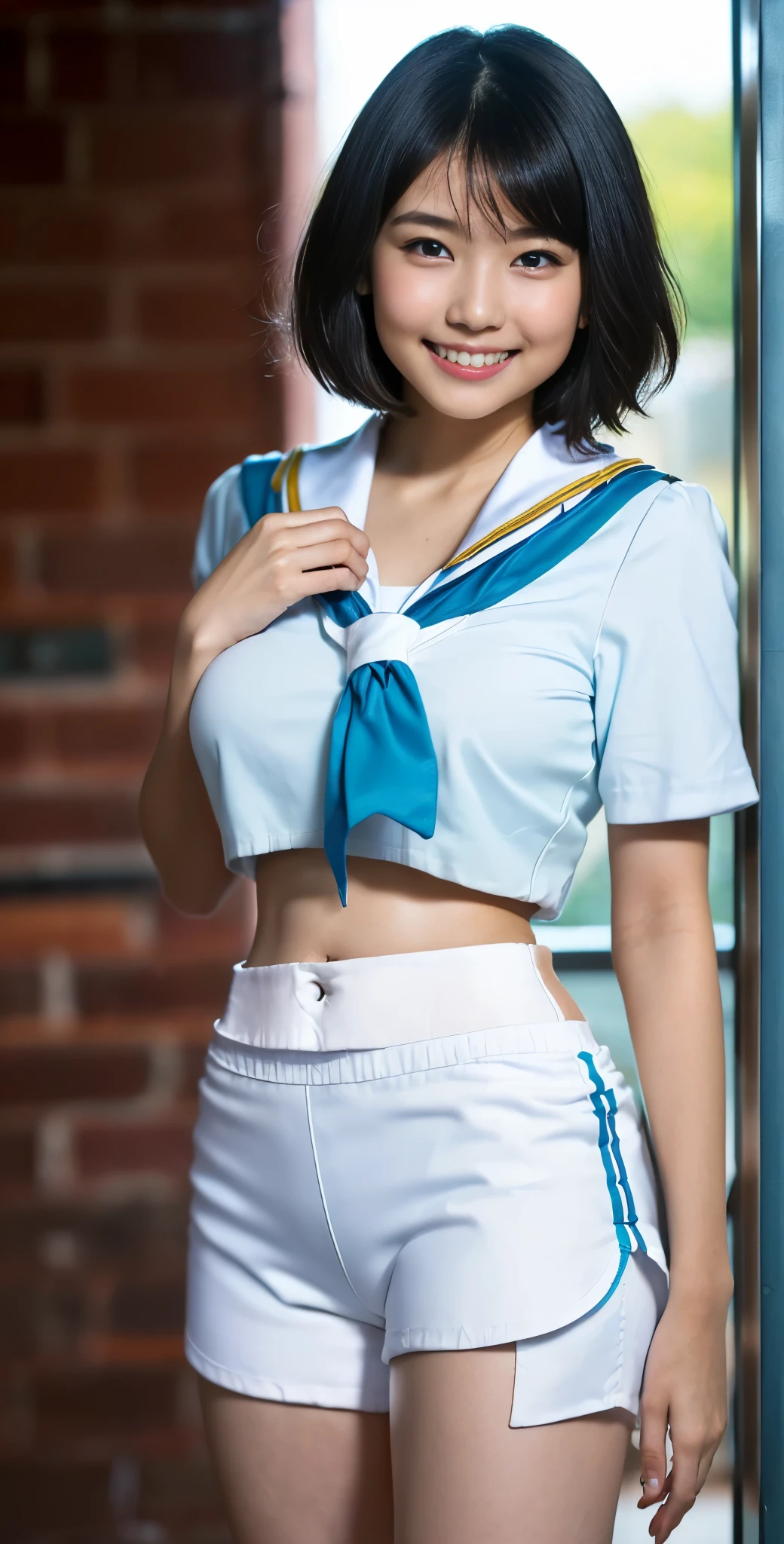 （8k、Raw photography、highest quality、masterpiece：1.2),(Black-haired、Very short hair:1.8),(ponytail:1.3)、View your audience,Viewed from the front,White skin,(high school girl、The upper body is a light blue uniform:1.7)、(Tight waist:1.6)、(Clothes that accentuate the shape of the breasts:1.0)、(Big Breasts :1.3)、Slim figure、Ultra-high resolution,beautiful,beautiful fece,(one person、No background:1.9),whole bodyボディー,Japanese women,（reality的：1.37）、Photon Mapping,reality、(Baby-faced and cute: 1.4)、(Cute Smile: 1.8)、(Round face: 1.8)、Radio City、Physically Based Rendering、Depth of field rally background、photograph, (I can see your knees、Very short white shorts、Thigh close-up:1.8),（:1.4）,whole body、Great quality