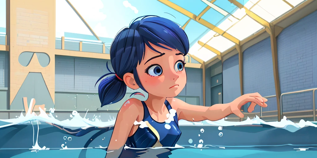 Marinette Dupain-Cheng, 14 years old little girls, wearing an adjustable one-piece swimsuit at the school swimming pool in Paris France blue hair two ponytails, CmptSwm underwater 1girl, Solo,