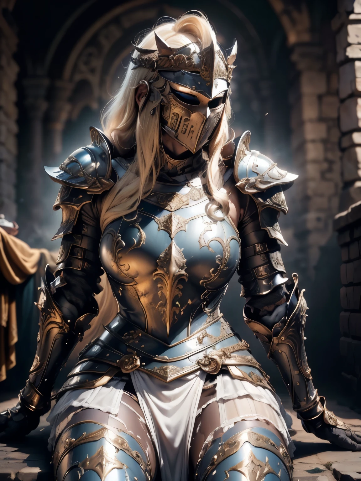 (Masterpiece, Superb Detail, Super Detailed, High Resolution), Male Focus, (((Female Armor))), (((Armor Dress Set))), (((Mask))), (She Has Long Blonde Hair, Medium Breasts, Slim, perfect body, beautiful face), look at viewer, (((white panty))), (((sit on wall))), City Ruins, Background Details, Solo