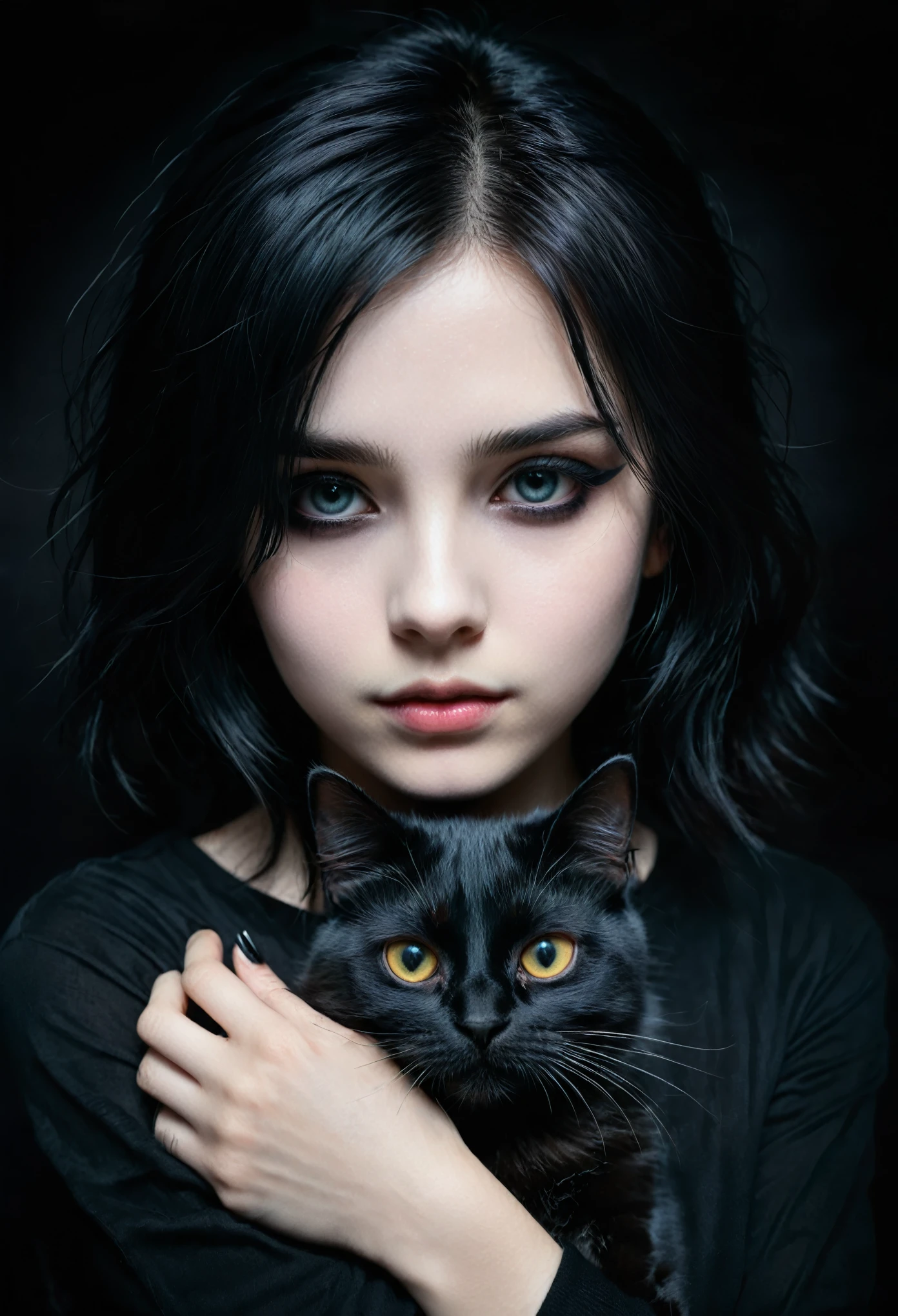 uma garota emo com um gato preto nas mãos, rosto detalhado, maquiagem escura, Expressão emocional, roupa preta, fundo escuro, iluminação claro-escuro, cinematic, Dramático, temperamental, pintura digital