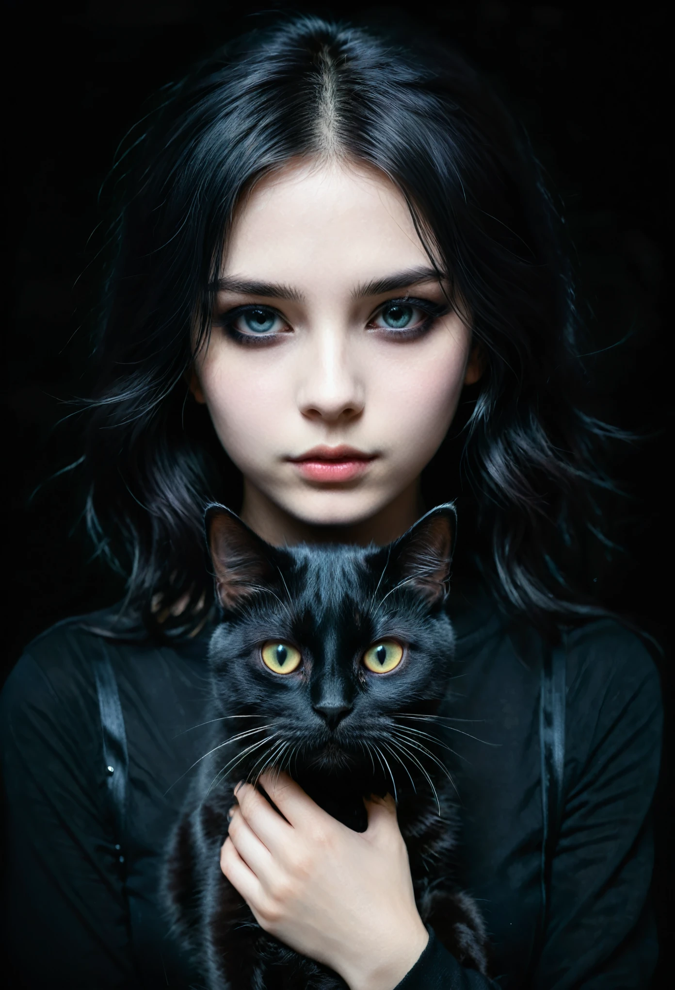 ein Emo-Mädchen mit einer schwarzen Katze in den Händen, detailliertes Gesicht, dunkles Make-up, Emotionaler Ausdruck, schwarze Kleidung, dunkler Hintergrund, Hell-Dunkel-Beleuchtung, filmisch, dramatisch, launisch, digitale Zeichnung