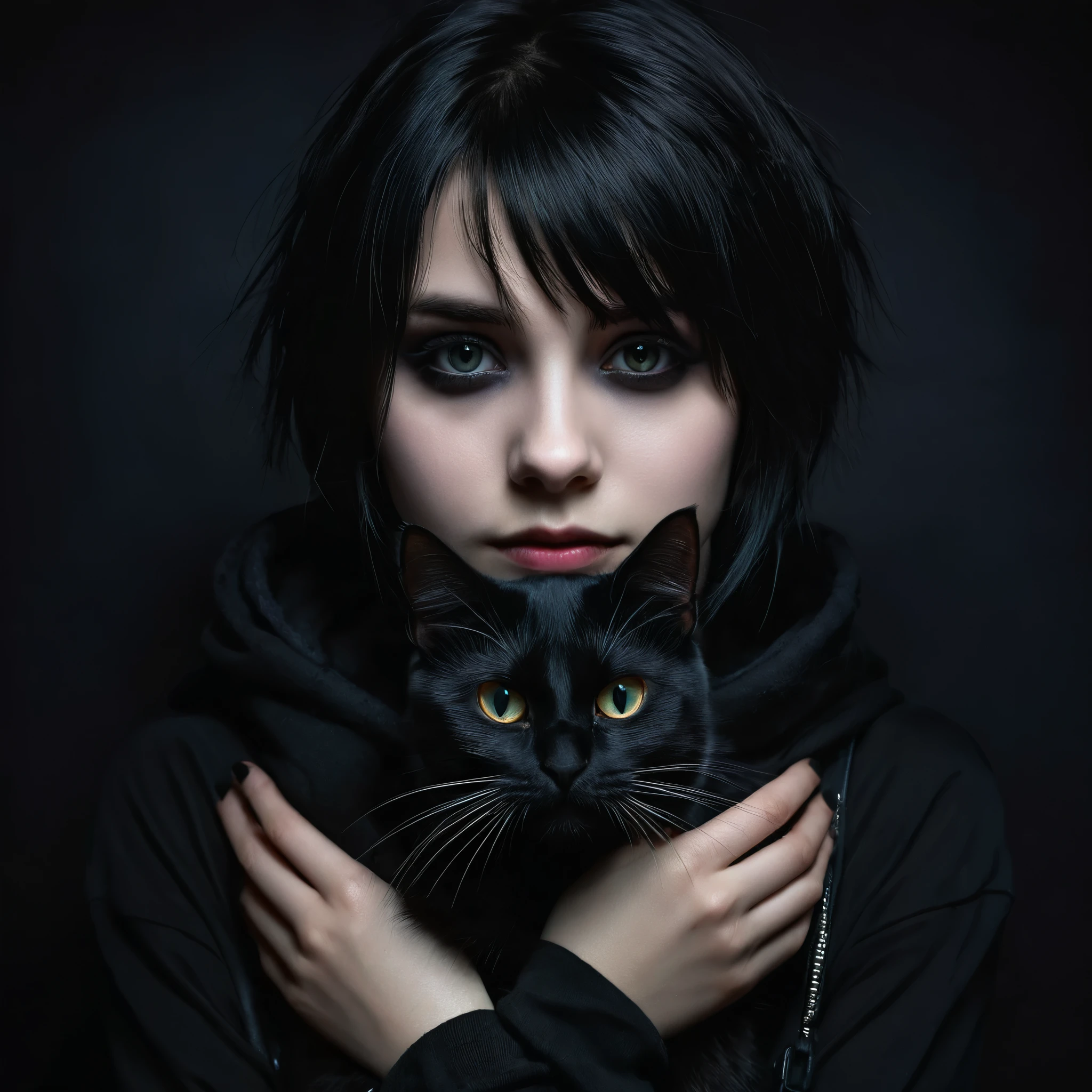 검은 고양이를 손에 들고 있는 이모 소녀, 상세한 얼굴, 어두운 화장, 감정 표현, 검은 옷, 어두운 배경, 명암대비 조명, 시네마틱, 극적인, 변덕스러운, 디지털 페인팅
