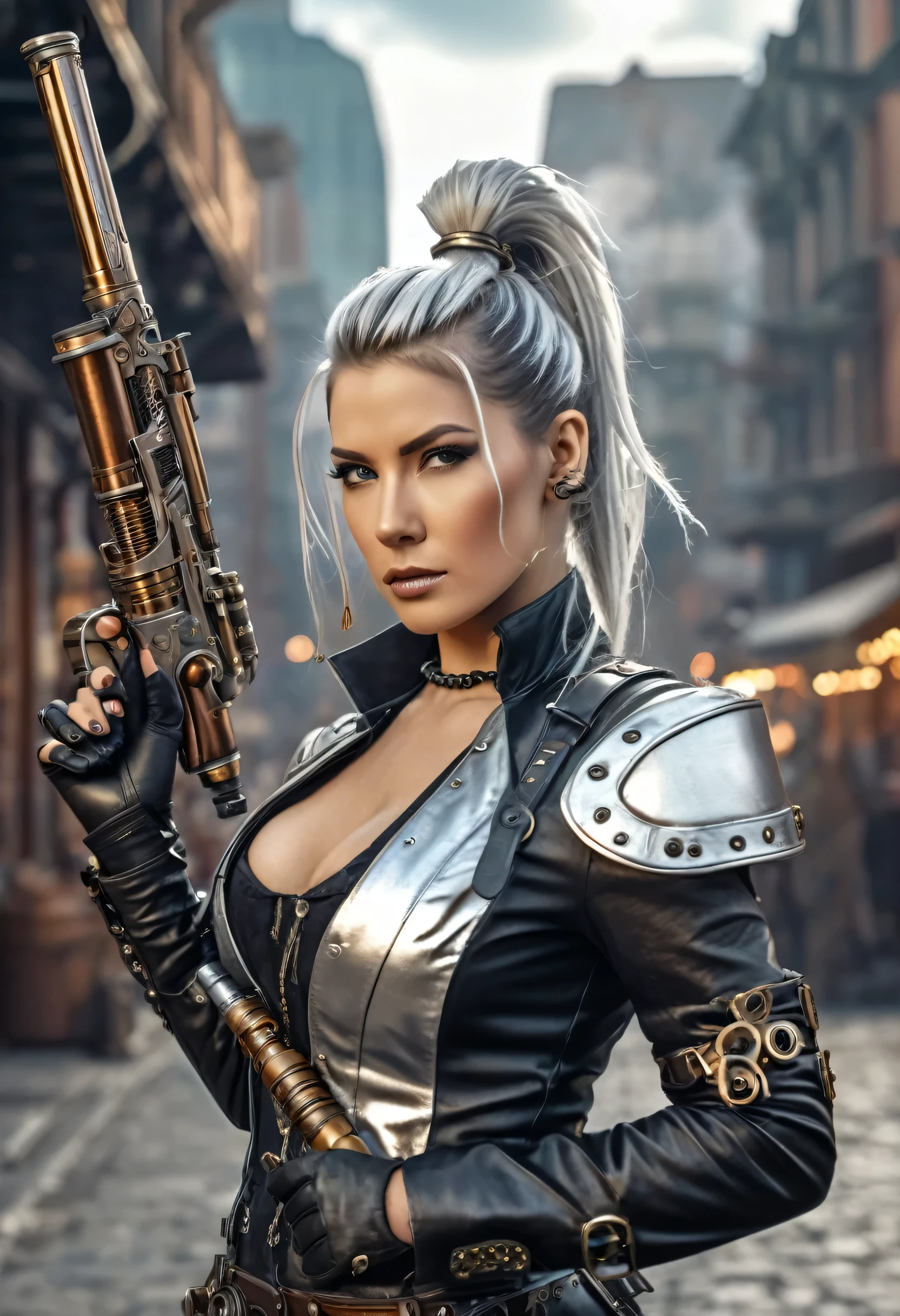 Very badass Steampunk beutiful woman, silver ponytail hair, steampunk outfit and weapon, hyperrealism, photorealistic, 8k, unreal engine, with motion blur and dynamic pose, and a background of a futuristic city, and more details to the weapon, and make it look like he's in action, 32k ultra hd realistic, masterpiece, award