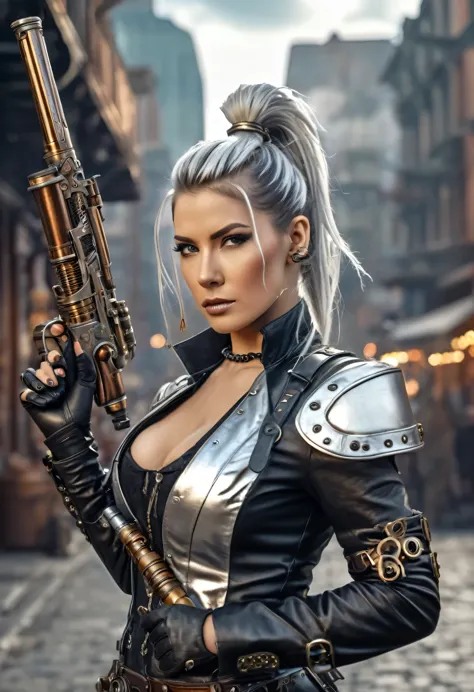 Very badass Steampunk beutiful woman, silver ponytail hair, steampunk outfit and weapon, hyperrealism, photorealistic, 8k, unrea...
