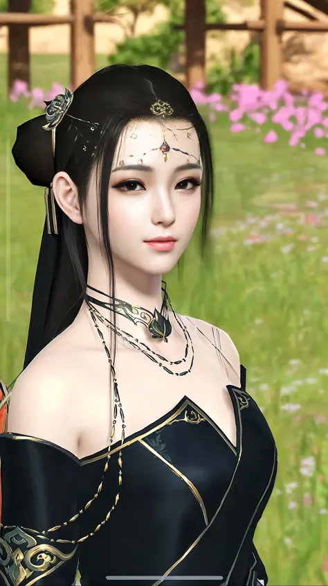 a close up of a woman in a black dress with a flower in her hair, a beautiful fantasy empress, beautiful render of tang dynasty, full body xianxia, game cg, korean mmorpg, japanese goddess, 4 k detail fantasy