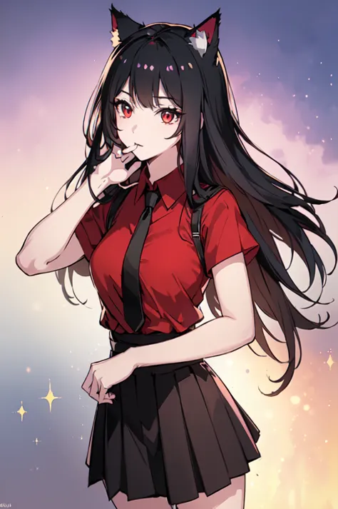 (Cat girl), (smoking), cat ears, black hair, business casual attire, cool, red dress shirt, pretty red eyes, cat tail, ((Crimson...