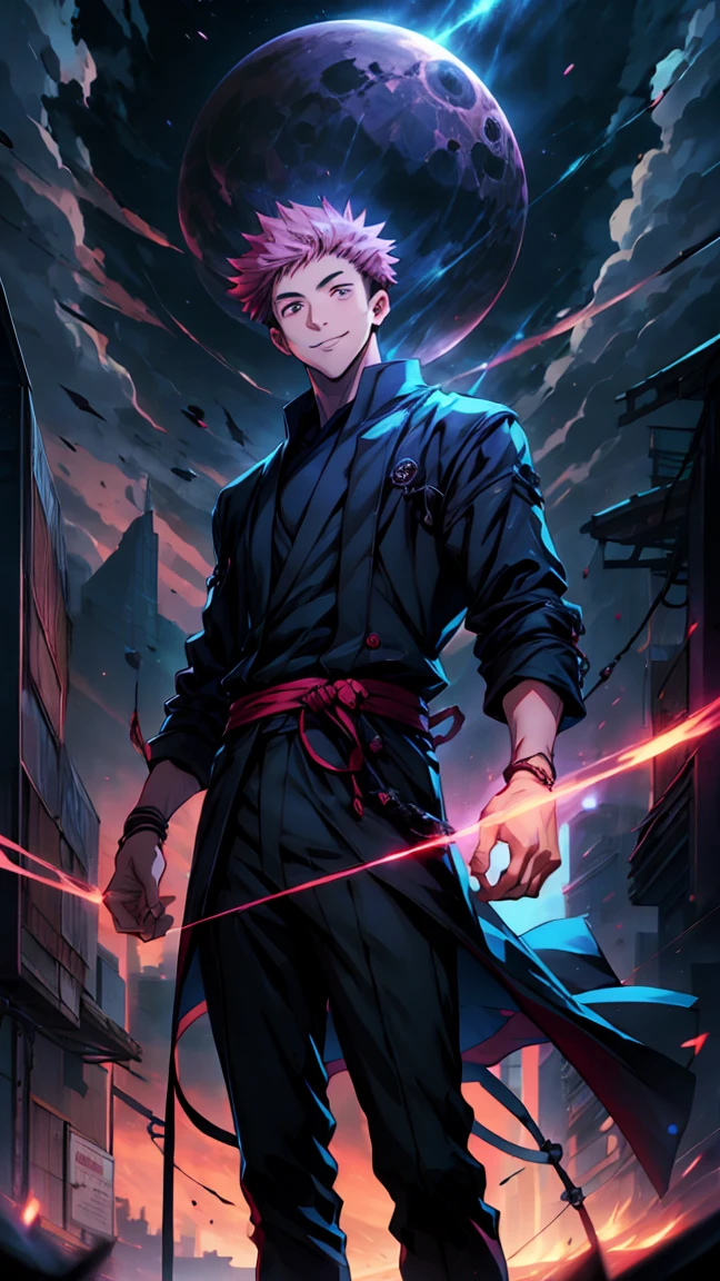 1boy, full body shot, 173 cm, perfect hands, perfect fingers, itadori yuuji, black outfit, pink hair, look at sky, smile, red and dark moon city night background, wallpaper, cinematic,High resolution 8K, Bright light illumination, lens flare, sharpness, masterpiece, top-quality, The ultra -The high-definition, high resolution, extremely details CG, Anime style, Film Portrait Photography,masterpiece,hyperdetail