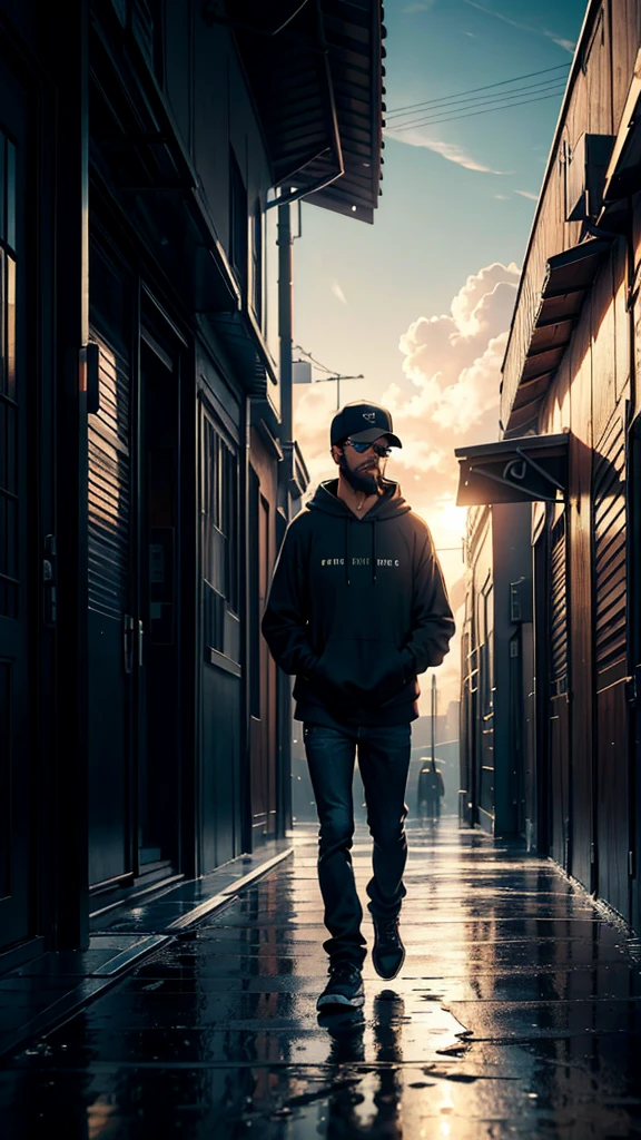 cinematic artwork of a man walking alone, (he is looking up:1, wearing a hoodie, wearing a sports hat, badass beard, wear black sunglasses, short hair, laughing, hands in the pocket, professional image), cinematic atmosphere, semi-realistic, [:(perfect face, expressive face,expressive eyes):8], detailed textures, uhd, reflections, low angle, at the morning, breathtaking, alone, solitude, relaxed atmosphere, cozy, (freedom feeling), gorgeous sky, dynamic angle, wet floor. volumetric clouds, upper body shot, 8k, masterpiece, anime masterwork, wallpaer, award winner,
