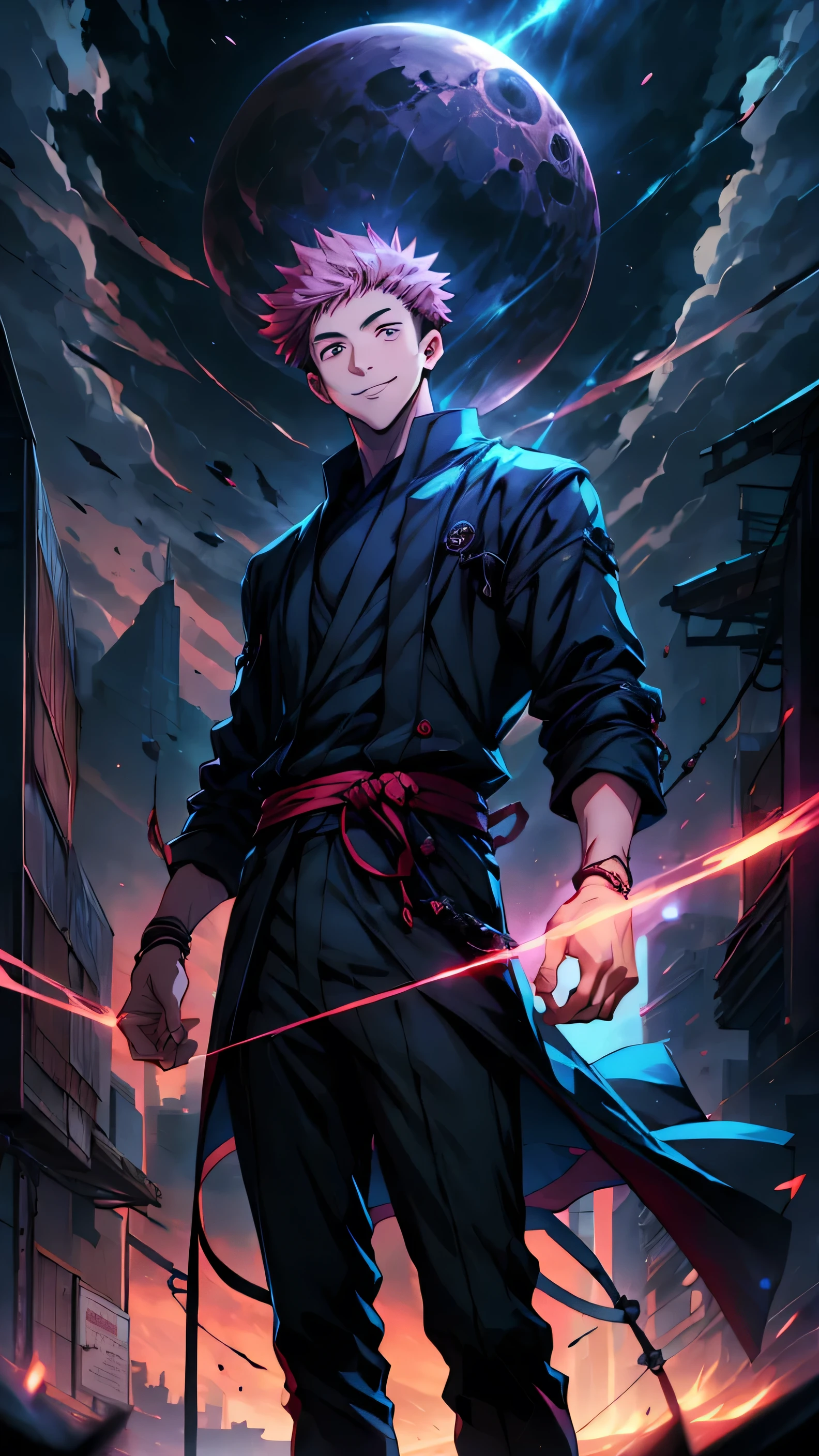 1boy, full body shot, 173 cm, perfect hands, perfect fingers, itadori yuuji, black outfit, pink hair, look at sky, smile, red and dark moon city night background, wallpaper, cinematic,High resolution 8K, Bright light illumination, lens flare, sharpness, masterpiece, top-quality, The ultra -The high-definition, high resolution, extremely details CG, Anime style, Film Portrait Photography,masterpiece,hyperdetail