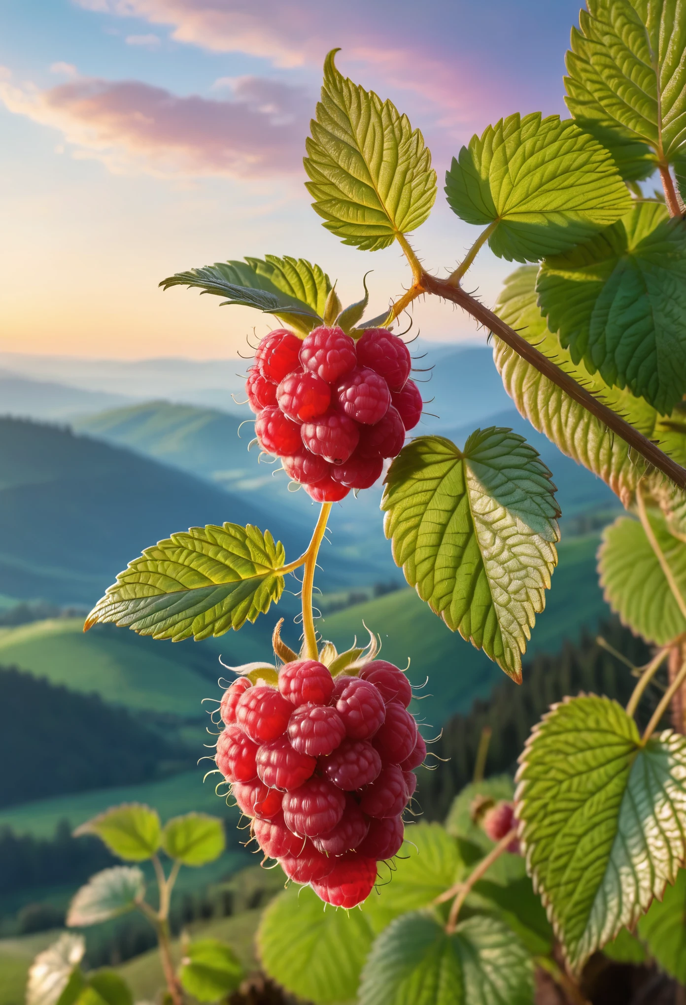 a delicate cluster of (raspberry: 1.19) (hanging from stem) (iridescent) (made of opal: 1.19), (divine iridescent glowing: 1.39), (opalescent textures: 1.09), growing in the early morning light, (wet: 0.49). in the background beautiful valleys, , volumetric light, ethereal, sparkling, studio photo, highly detailed, sharp focus