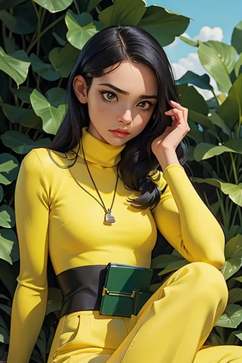 (sfw)1 mulher com cabelos ruivos presos em um penteado estiloso, wearing a yellow turtleneck and green pants. she is sitting out...