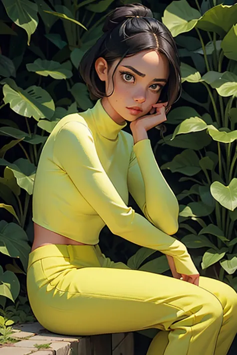 (sfw)1 mulher com cabelos ruivos presos em um penteado estiloso, wearing a yellow turtleneck and green pants. she is sitting out...