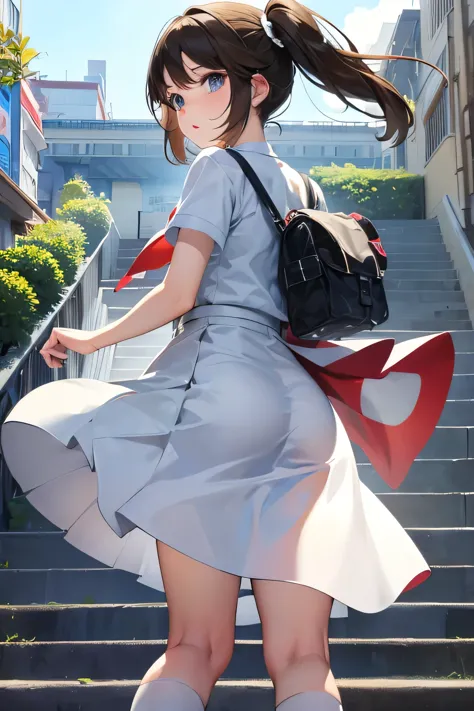 The wind is blowing my skirt away。Running up the stairs。Anime uniform girl。The lining of the skirt is visible。White underwear is...