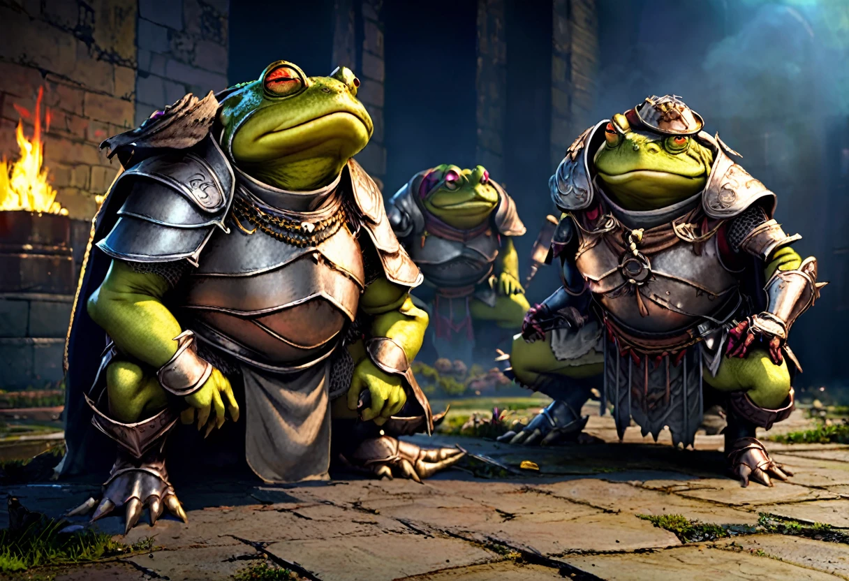 a squad of elite goblins worshiping a giant toad, evil cowardly goblins dressed in garbage heroic armor, fighter cleric wizard thief, highly detailed, photorealistic, cinematic lighting, dark fantasy, dynamic pose