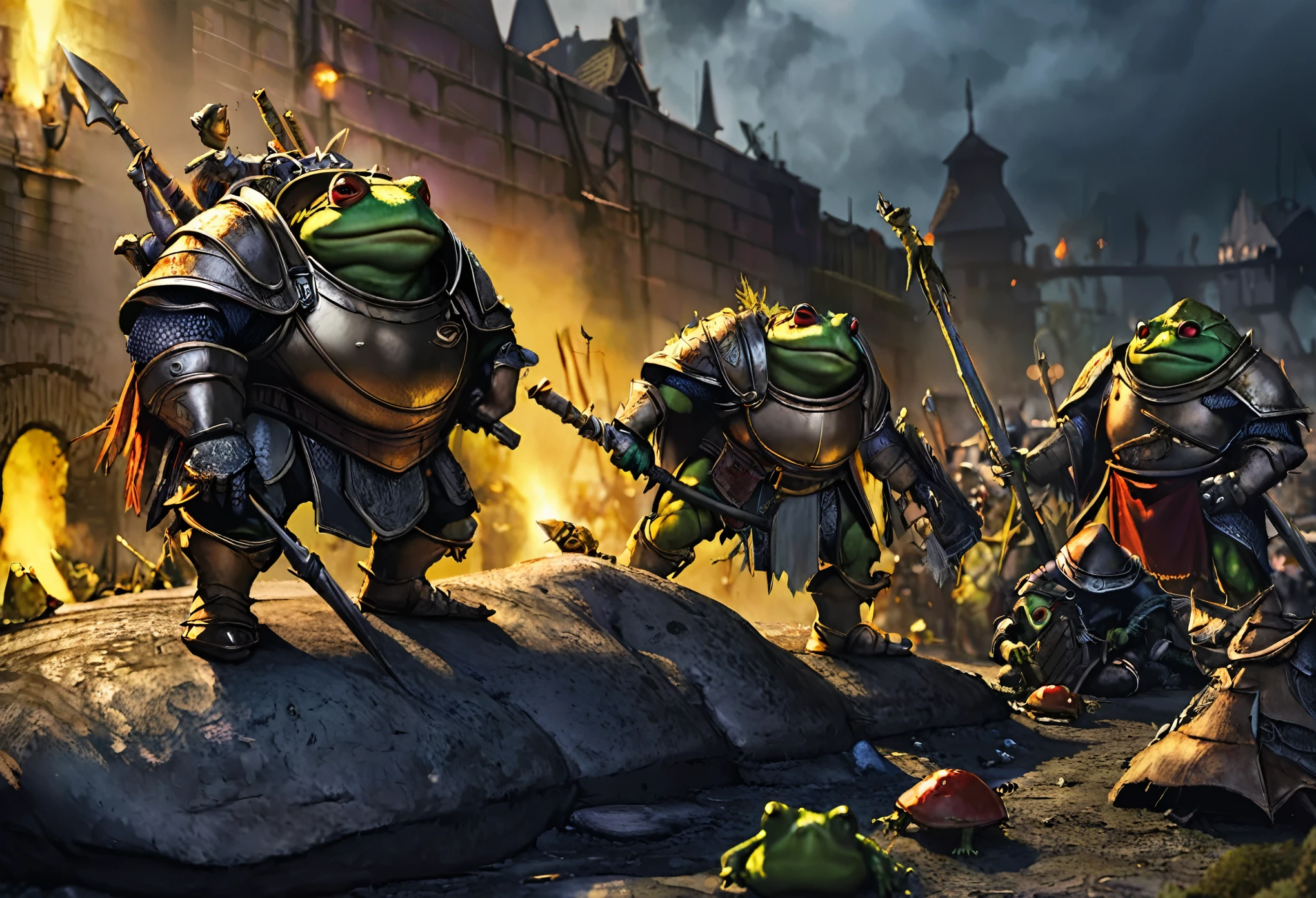 a squad of elite goblins worshiping a giant toad, evil cowardly goblins dressed in garbage heroic armor, fighter cleric wizard thief, highly detailed, photorealistic, cinematic lighting, dark fantasy, dynamic pose