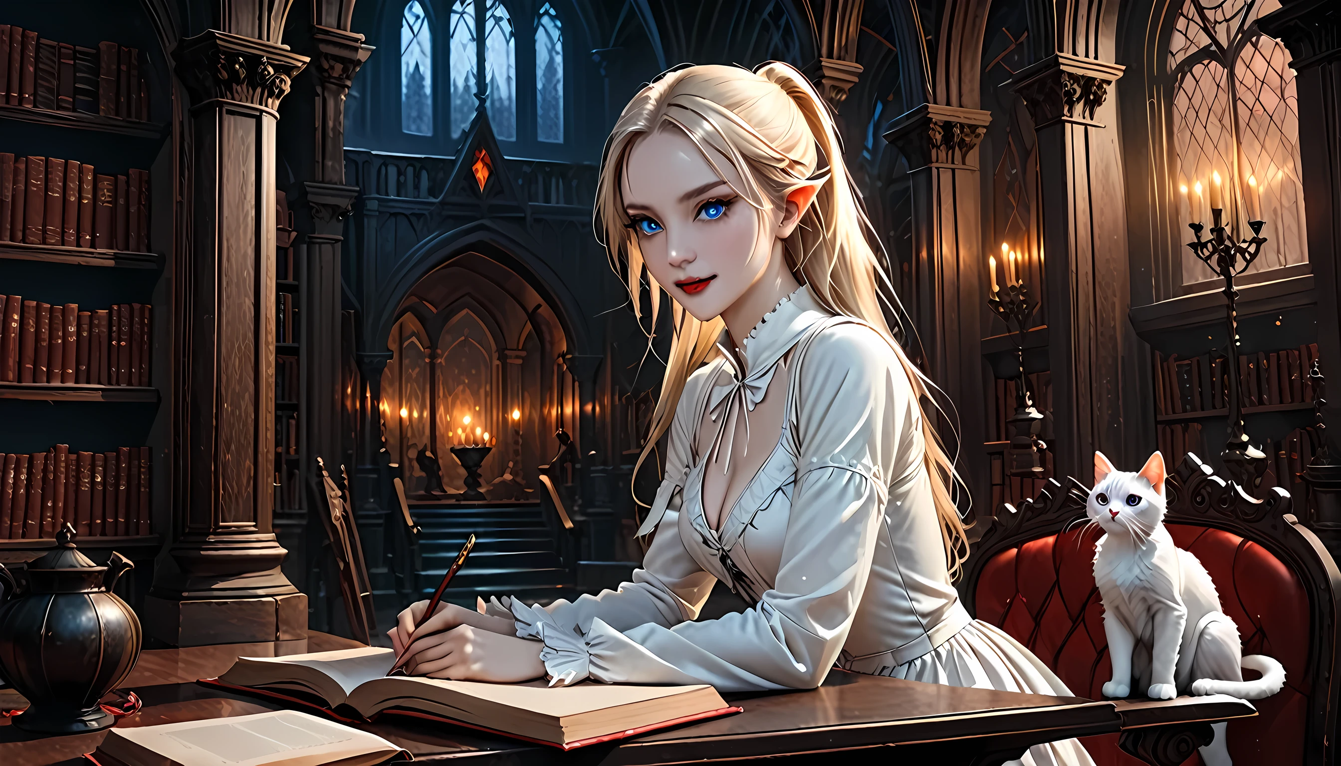 arafed une photo d&#39;un vampire elfe dans son château et de son chat épique, une belle et exquise vampire elfe femelle (ultra détails, chef-d&#39;œuvre, meilleure qualité), bouche sanglante, cheveux blonds, peau pâle, cheveux en queue de cheval, cheveux longs, yeux bleus, yeux froids, souriant, porter une robe blanche (ultra détails, chef-d&#39;œuvre, meilleure qualité), Cape rouge, dans la bibliothèque Dark Fantasy, avec un ((gros chat: 1.3)) (ultra détails, chef-d&#39;œuvre, meilleure qualité: 1.5) étagères à livres, arafed détails élevés, meilleure qualité, 16k, [ultra détaillé], chef-d&#39;œuvre, meilleure qualité, (ultra détaillé), Tout le corps, plan ultra large, photoréalisme, brut, art fantastique sombre, art gothique, Robe blindée, roman noir, Style de peinture d&#39;art sombre