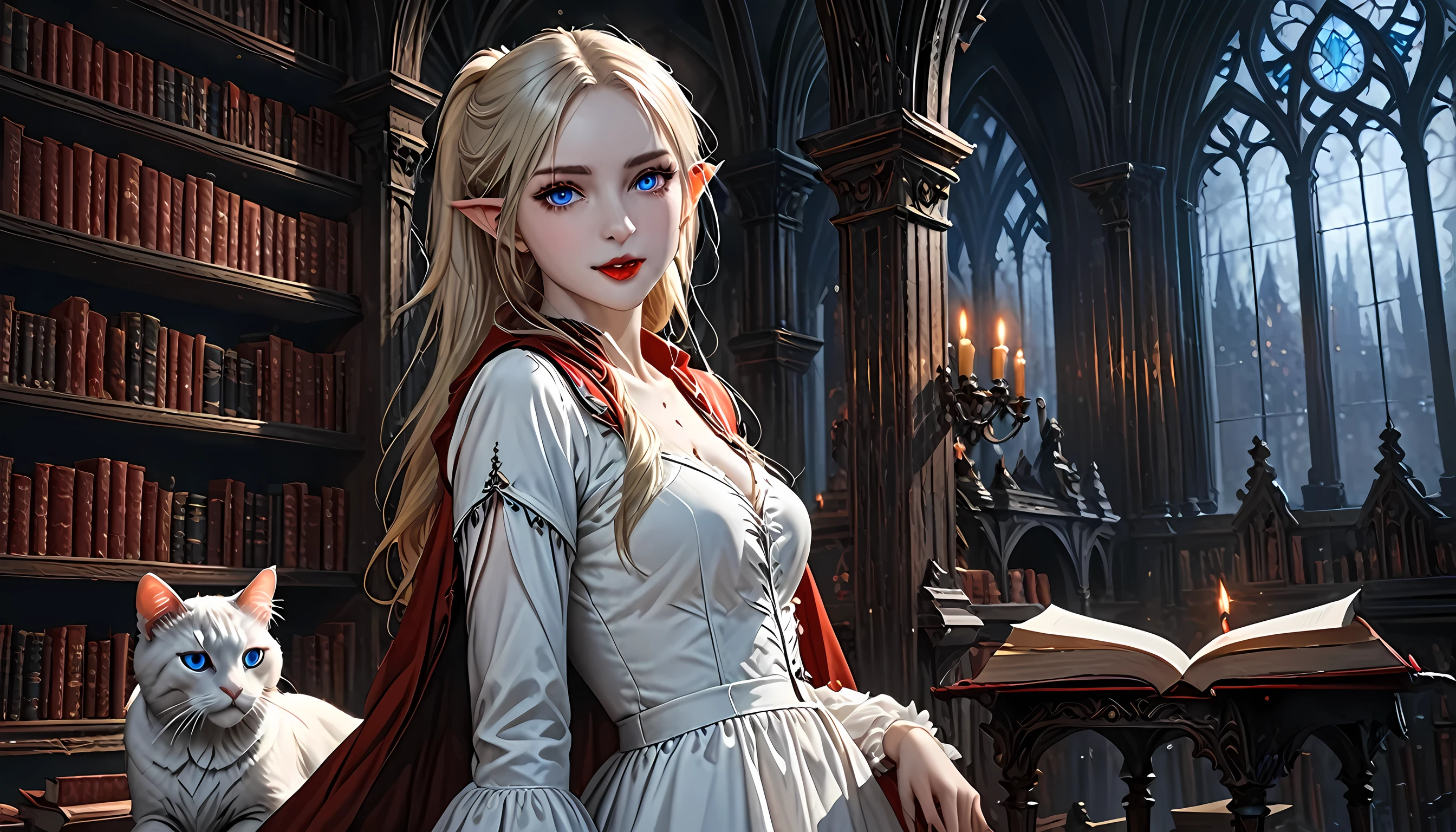 arafed a picture of elf vampire in her castle and her pet epic cat an exquisite beautiful female elf vampire (ultra details, Masterpiece, best quality), bloody mouth blond hair, pale skin, hair in a ponytail, long hair, blue eyes, cold eyes, smirking, wearing white dress (ultra details, Masterpiece, best quality), red cloak, in dark fantasy library, with an ((big cat: 1.3)) (ultra details, Masterpiece, best quality: 1.5) book shelves, arafed high details, best quality, 16k, [ultra detailed], masterpiece, best quality, (ultra detailed), full body, ultra wide shot, photorealism, RAW, dark fantasy art, gothic art, ArmoredDress, Dark Novel, Dark Art Painting Style